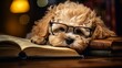Cute dog in glasses sleeping at table with books - pet care, education, obedience training concept