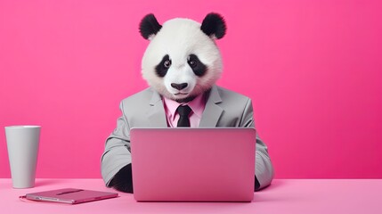 Panda Bear in suit using a laptop while working on bright pastel background. advertisement. presentation. commercial. editorial. copy text space.