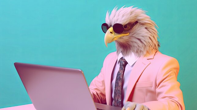 Eagle bird sunglasses in suit using a laptop while working on bright pastel background. advertisement. presentation. commercial. editorial. copy text space.