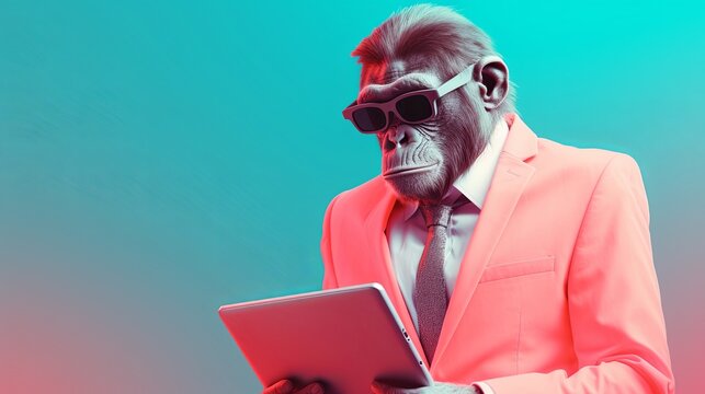 Ape in suit holding a tablet while working on bright pastel background. advertisement. presentation. commercial. editorial. copy text space.