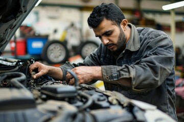 Middle Eastern mechanic working on car engine in auto repair shop