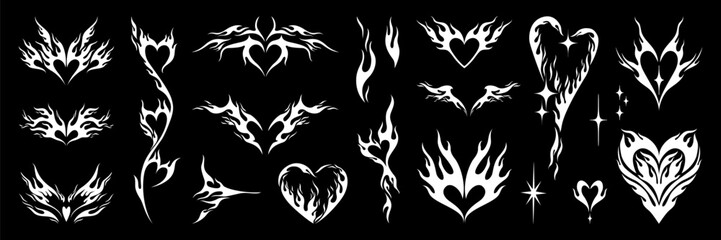 Fototapete - Neo tribal tattoo shape set. Y2k heart with wings, star elements. Vector gothic ornament isolated like a png.