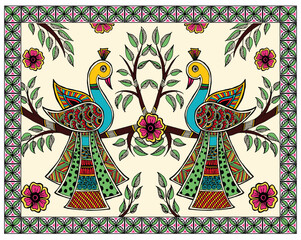 Sticker - Ethereal Elegance - Peacock Majesty in Madhubani Art, Majestic Bird Motif, Colorful Avian Beauty, Ethnic Artwork with Avian Theme.