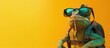 Fashionable Chameleon Sporting Sunglasses and a Backpack, Posing Against a Yellow Background for a Cool and Funny Vibe