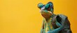 Fashionable Chameleon Sporting Sunglasses and a Backpack, Posing Against a Yellow Background for a Cool and Funny Vibe