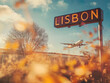 © Roman - Commercial airplane landing with the sign 'LISBON' in foreground, travel Portugal concept, double exposure