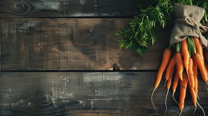 Sticker - Bunch of fresh carrots on rustic wooden table. Top view with copy space for text.