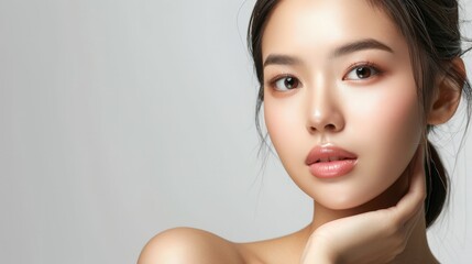 Beautiful young asian woman with clean fresh skin on white background, Face care, Facial treatment, Cosmetology, beauty and spa,