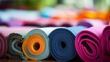 Fototapeta Tęcza - Closeup of a vibrant pile of colorful yoga mats.