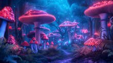Mushroom Jungle With Neon Light Glow