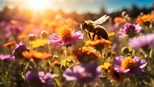 A Vibrant And Colorful Bee Buzzing Around A Field Of Blooming Wildflowers, With The Sun Shining Down And Casting A Warm Glow On The Scene.