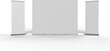 © 3DZoneZA - Exhibition Media Display Wall Banner Cloth Straight with Rollup Banner Pullup Banner on either side. 3D render for mockup and illustration with transparent background.