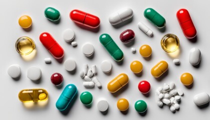 Wall Mural -  Various colorful pills and capsules on a white background