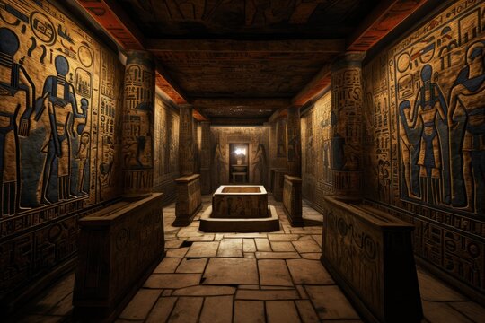 ancient Egyptian burial chamber with hieroglyphics