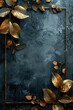 gold frame with gold leaves on a grey concrete background, in the style of minimalist stage designs