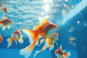 Wall Mural - Red goldfish in blue water