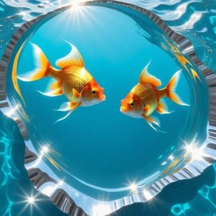 Surreal, Top view, there are two golden fish made of foil on the sparkling white water, (( Yin and Yang  Poses)) Find Balance an