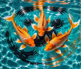 Wall Mural - Surreal, Top view, there are two golden fish made of foil on the sparkling white water, (( Yin and Yang  Poses)) Find Balance an