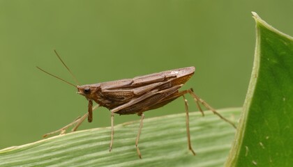 Wall Mural -  A close-up of a brown grasshopper on a green leaf