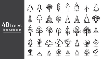 silhouette tree line drawing set, side view, set of graphics trees elements outline symbol