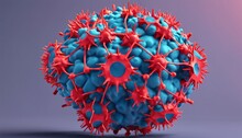  3D Rendering Of A Virus-like Structure With Red Spikes And A Blue Core