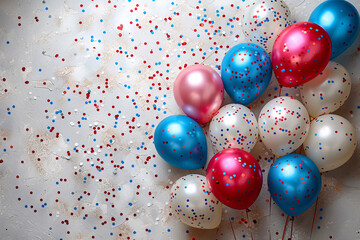 birthday party balloons, colourful balloons background and birthday cake with candles	