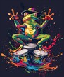 An illustration vector designs a frog in a dynamic rockstar pose with electric waves and splashes of color emanating from the bongos On black background