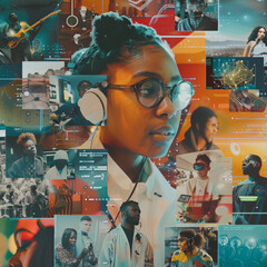 Poster - A collage of images shows a woman wearing headphones