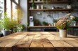 Wooden dining table top for montage over blurred modern contemporary kitchen space
