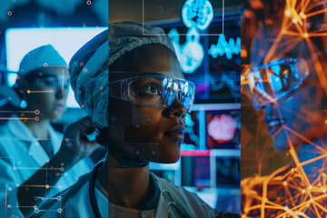 Poster - A woman wearing a surgical cap and goggles looks at a computer screen