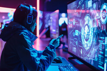 Poster - A woman wearing headphones is looking at a computer screen
