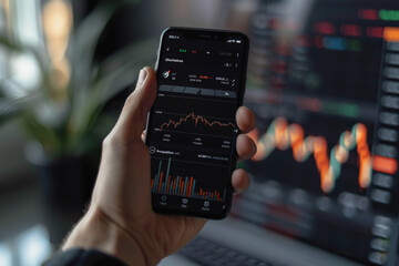 Poster - A person is holding a smart phone with a graph on it