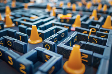 Poster - A close up of a maze with yellow cones and numbers