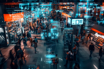Poster - A blurred image of a crowd of people with a sign that says ' airlines ' on it