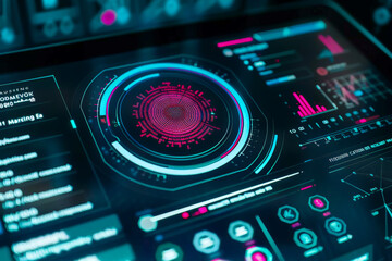 Poster - A computer screen shows a circular display with a red center