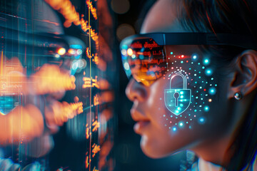 Poster - A woman wearing glasses with a padlock on her face