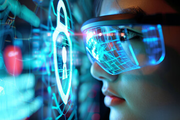 Poster - A woman wearing futuristic glasses looks at a screen with a padlock on it