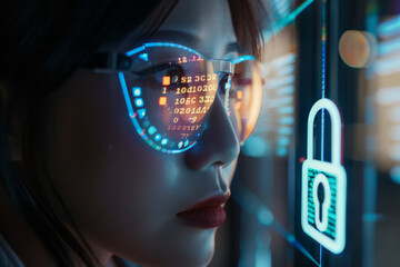 Poster - A woman wearing futuristic glasses looks at a padlock
