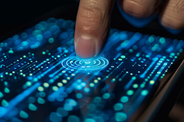 Poster - A person 's finger is pressing a button on a phone screen