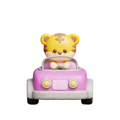 Wall Mural - 3D cute tiger driving car, cartoon animal character, 3d rendering.