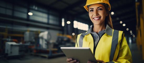 Smiling Female Engineer in Hard Hat and High-Visibility Vest Using Tablet at Industrial Facility. Professionalism in Engineering