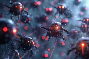 Poster - A computer generated image of a group of robots with red eyes