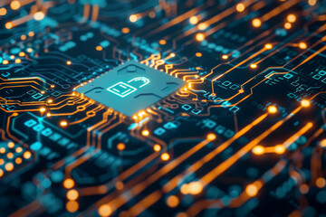 Poster - A computer chip with a padlock icon on it