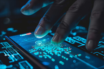 Poster - A person 's finger is scanning a fingerprint on a phone screen