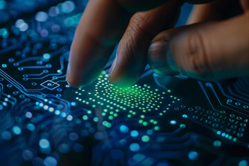 Poster - A person 's finger is pressing a button on a circuit board