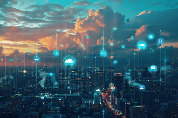 Poster - An aerial view of a city at night with clouds and icons