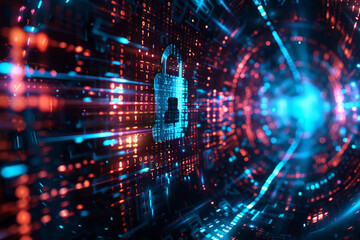 Poster - A digital image of a padlock surrounded by binary code