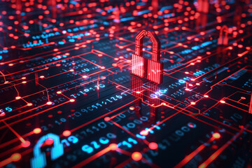 Poster - A red padlock is sitting on a circuit board