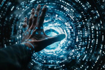 Poster - A hand is reaching out into a futuristic tunnel