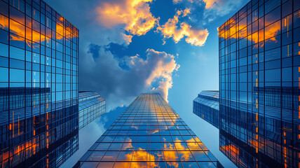 Tall blue business towers reaching up into the sky